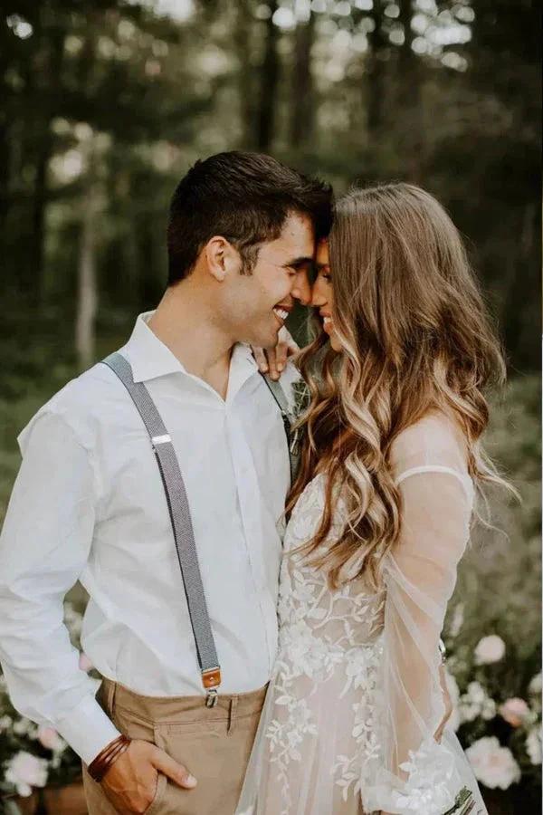 V Neck Long Sleeve Wedding Dress Rustic Wedding Gown WD725
