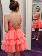 V Neck Layered Coral Short Prom Dresses Homecoming Dresses PD446
