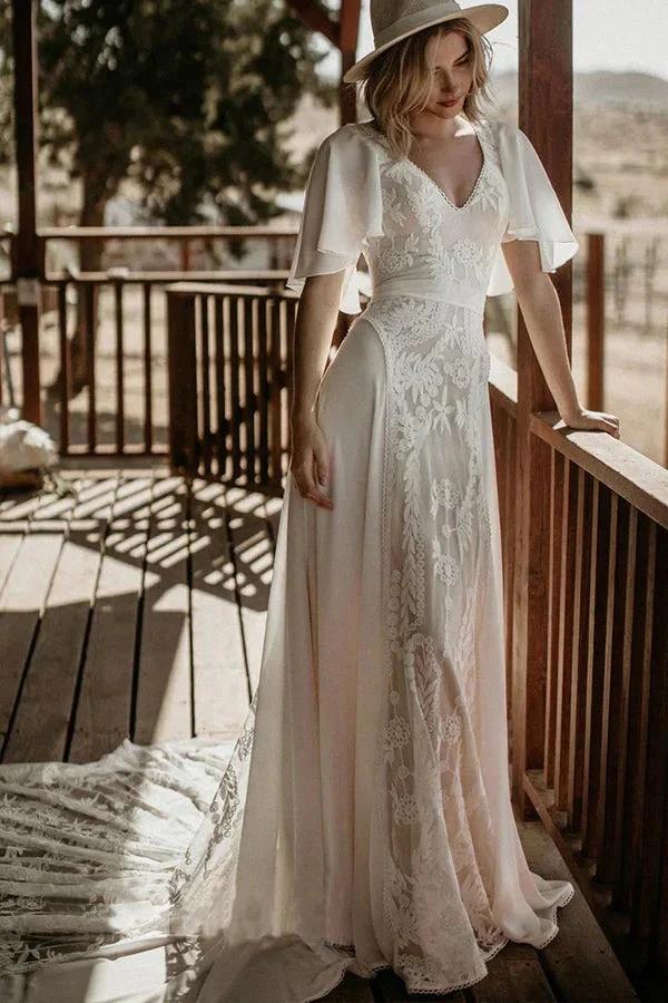 V Neckline Backless Lace Chiffon Bohemian Wedding Dress WD734