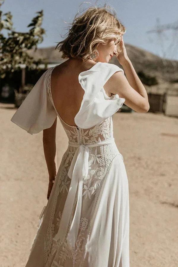 V Neckline Backless Lace Chiffon Bohemian Wedding Dress WD734
