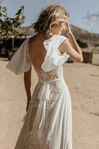 V Neckline Backless Lace Chiffon Bohemian Wedding Dress WD734