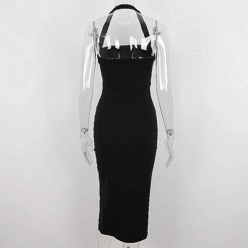 Women's Black Halter Prom Dress With Slit Sexy Black Sleeveless Evening Dress Y1161