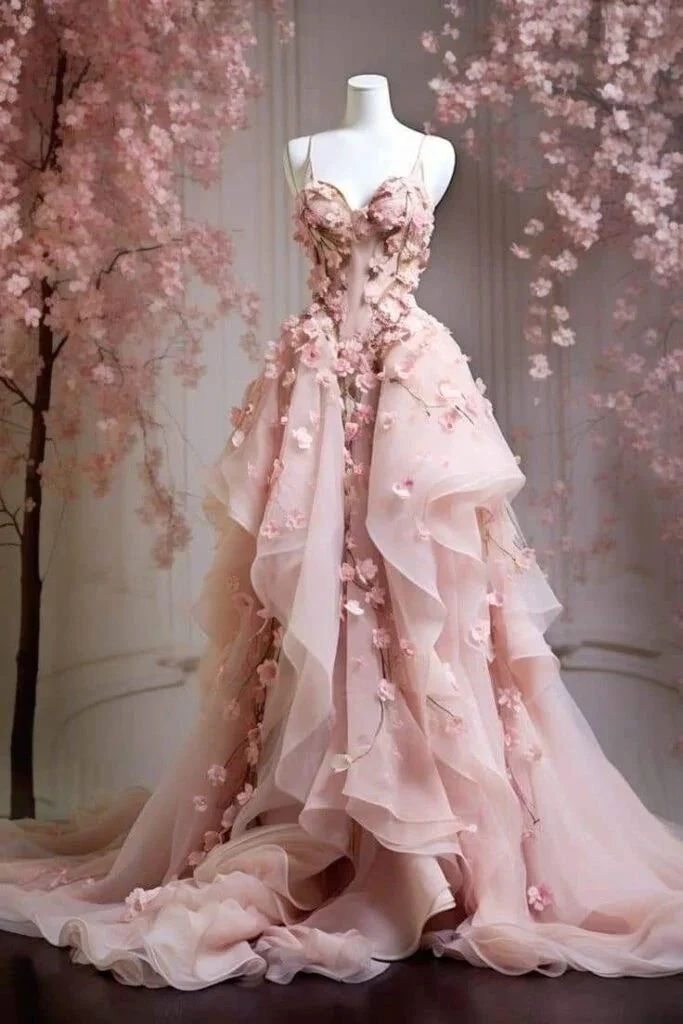Sweet Pink Chiffon Tulle Appliques Prom Dress Spaghetti Straps Long Evening Dress Y8327
