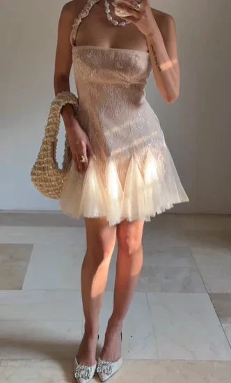 Cute Halter Lace Tulle Homecoming Short Prom Dress Y8502