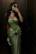 Unique Green Strapless Pleated Mermaid Evening Dress Long Prom Dress Y8430