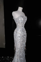 Sparkly Strapless Tulle Sequins Tassel Evening Dress,Slit Mermaid Prom Dress Wedding Dress Y8674