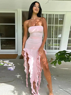 Pink Strapless Ruffle Evening Dress Women Sexy Bodycon Fringe Elegant Sleeveless Backless Holiday Club Party Dress Y6438