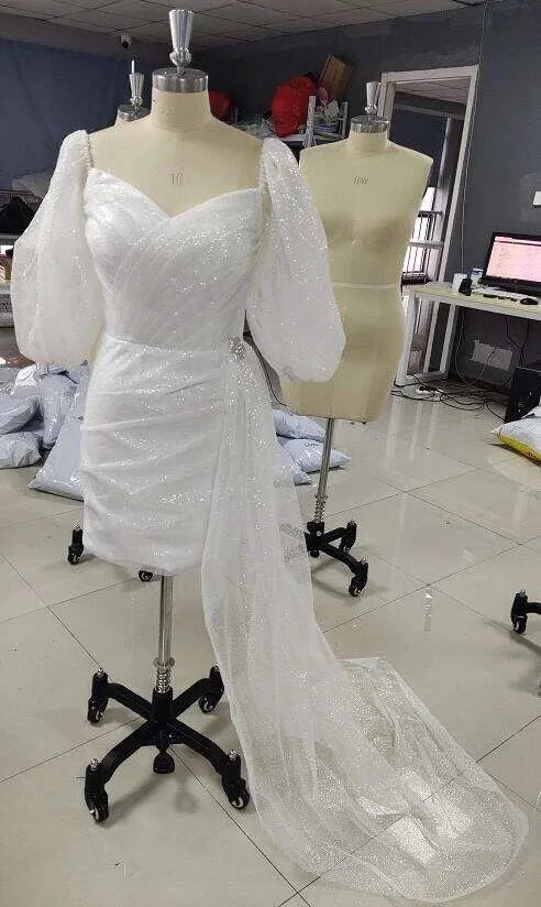 Short Puff Sleeve Wedding Dress Sweetheart Sparkly Modern Bridesmaid Dresses for Party Outfit Dress Y1208