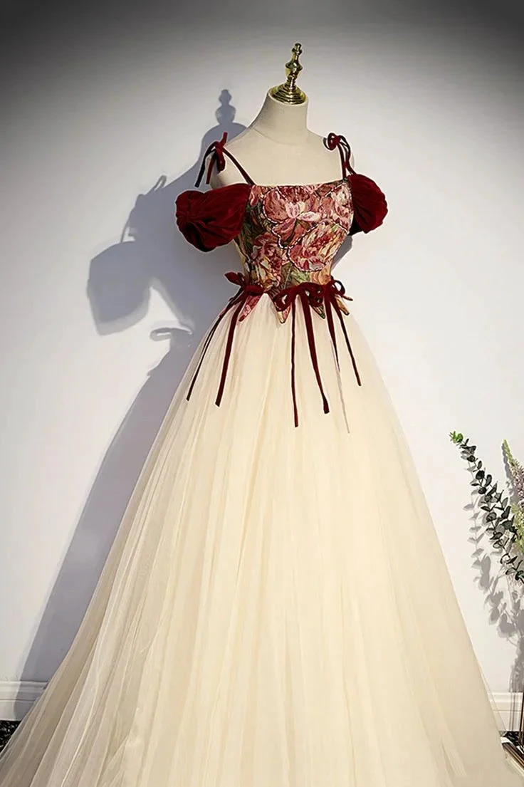 Champagne Tulle Spaghetti Strap Long Prom Dress  A Line Party Ball Gown Y7952