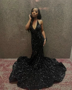 V-Neck Halter Backless Sequins Mermaid Long Prom Evening Dress With Sweep Train Y5939