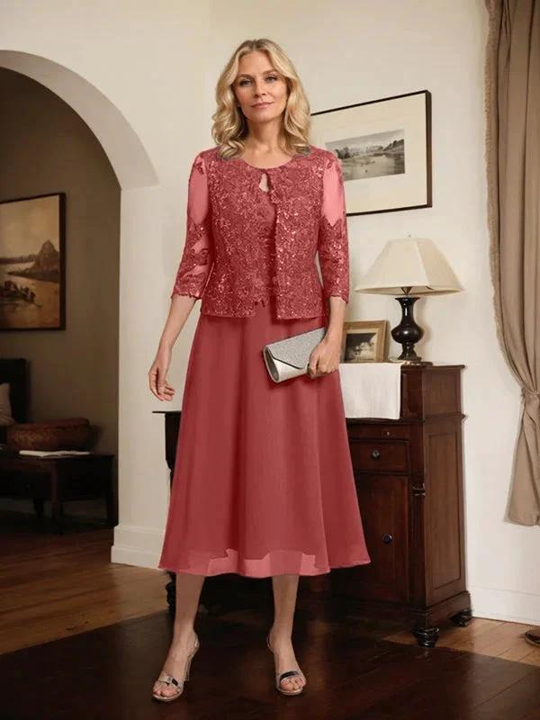 A-line Scoop Tea-Length Lace Chiffon Mother of the Bride Dress With Sequins