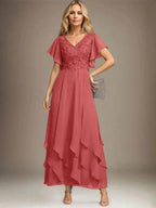 A-line V-Neck Ankle-Length Lace Chiffon Mother of the Bride Dress With Cascading Ruffles