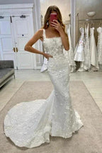Vintage Long A-Line Lace Sleeveless Appliques Wedding Dresses with Detachable Train