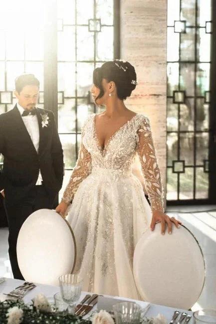 Vintage Long A-line V-neck Lace Wedding Dress with Long Sleeves