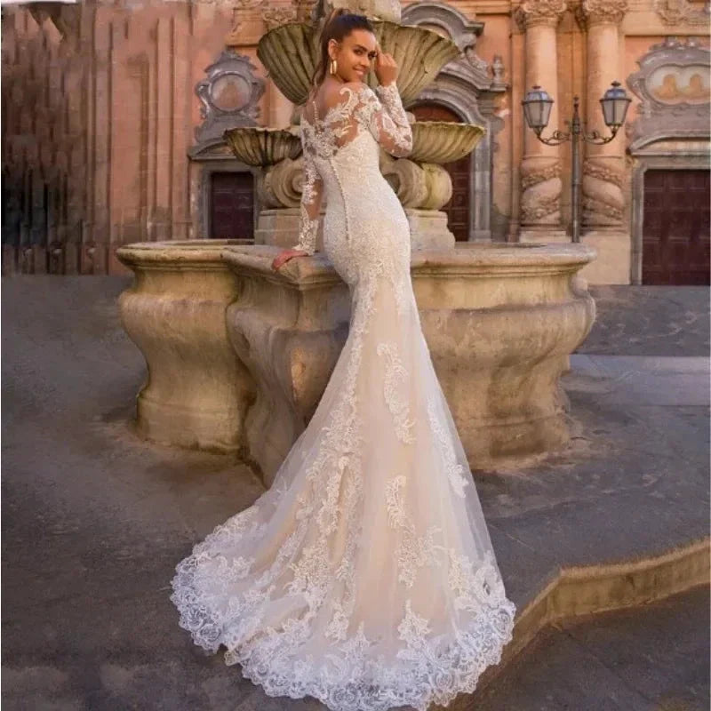 Vintage Mermaid Wedding Dresses With Detachable Train Long Sleeves Applique Beach Vestidos De Novia Summer Boho Bridal Gowns
