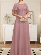 A-line Scoop Illusion Floor-Length Lace Chiffon Mother of the Bride Dress With Sequins