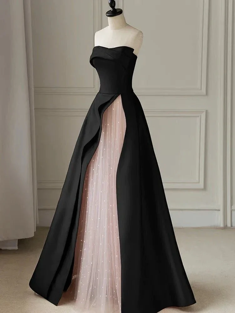 Black Strapless High-Slit Evening Dress With Gauze - Gothic Wedding Dress Y2386