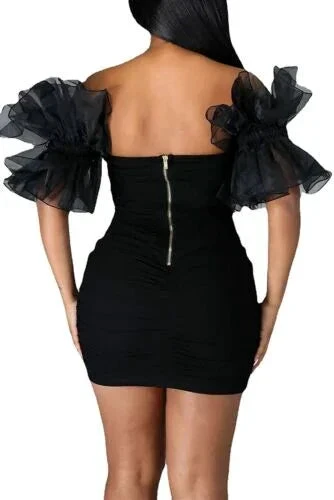 Women Sexy Puff Sleeve Ruffles Dress Mesh Off Shoulder Mini Party Dress Short Black Homecoming Dress Y786
