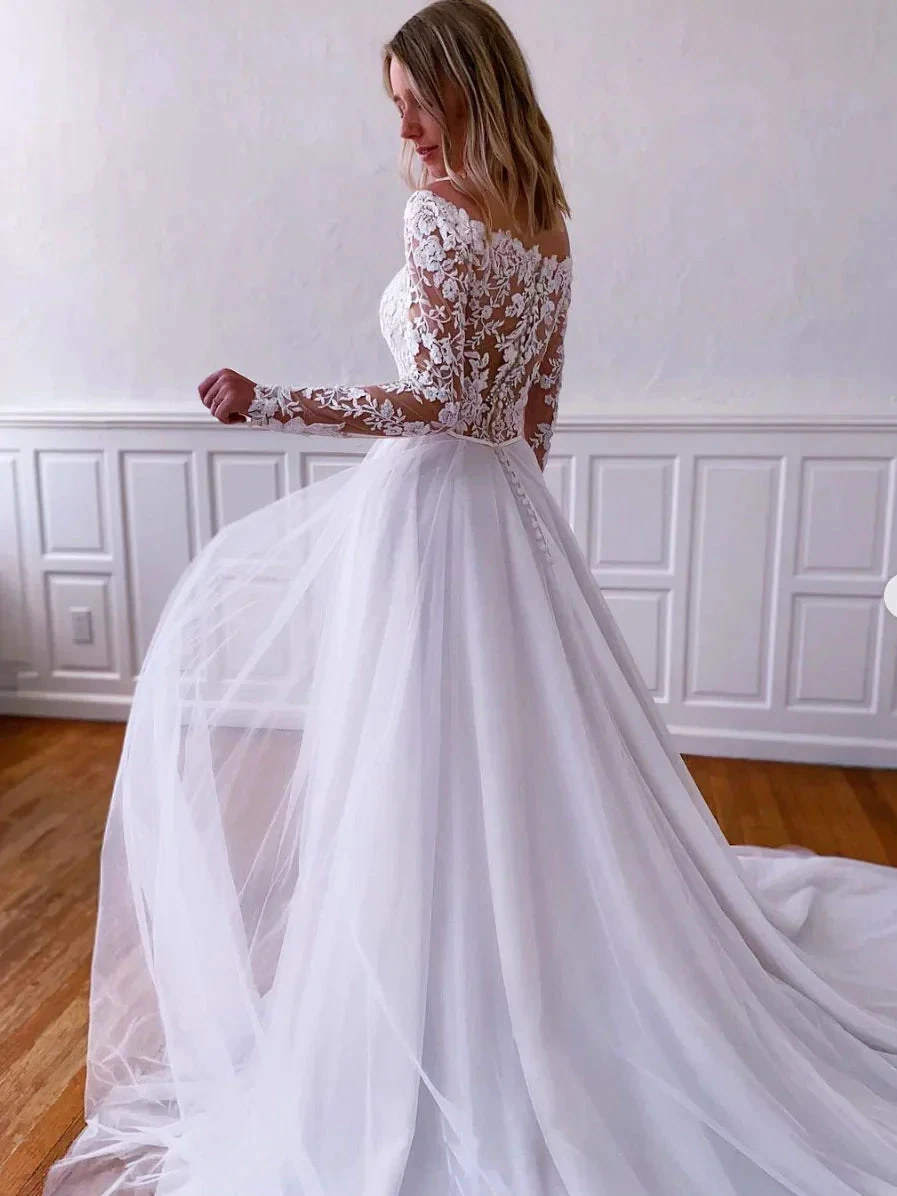 White lace tulle long prom dress, white lace tulle evening dress Y251