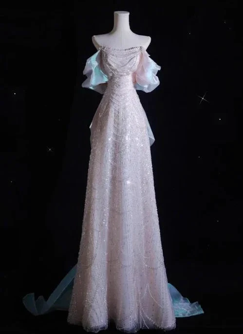 Pink A-Line Off-Shoulder Tulle Sequins Beaded Long Prom Dress Formal Evening Dress Y8050