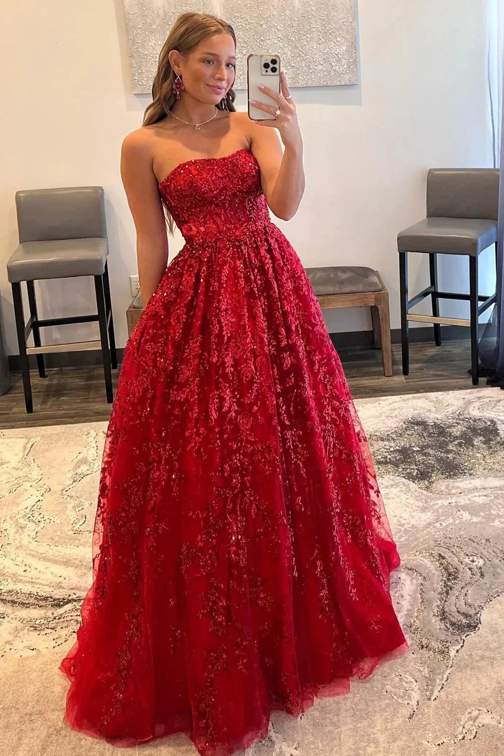Zara |A-line Sequined Lace Long Prom Dress with Pockets