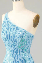 Blue Sheath One Shoulder Sequins Short Homecoming Dress