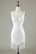 Sparkly White Lace-Up Back Beaded Short Homecoming Dress with Tassel