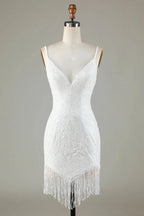 Sparkly White Lace-Up Back Beaded Short Homecoming Dress with Tassel