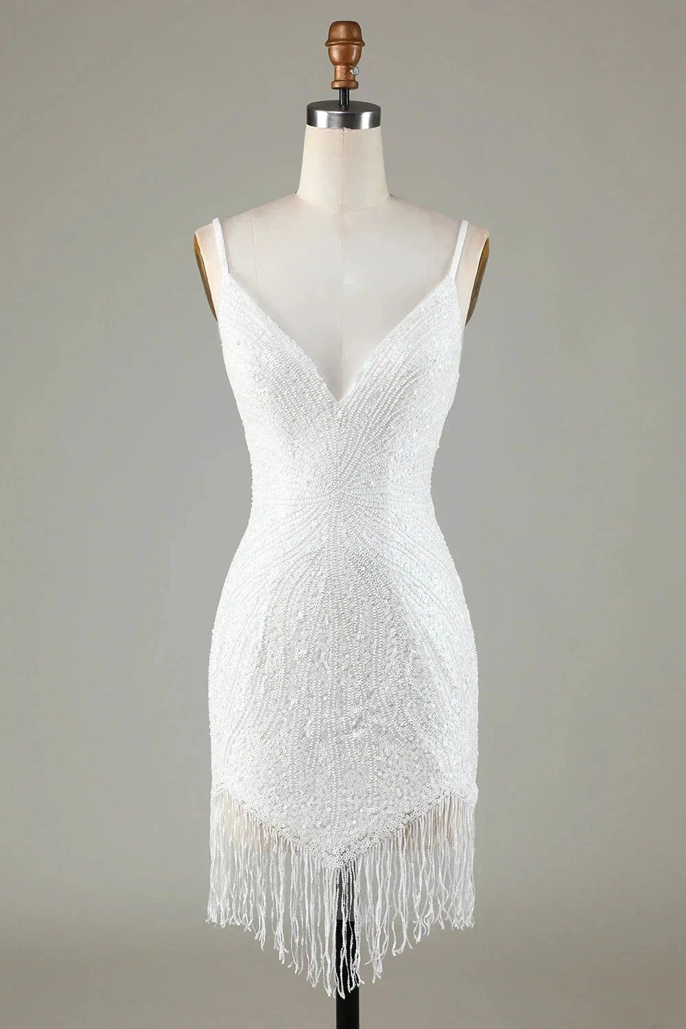 Sparkly White Lace-Up Back Beaded Short Homecoming Dress with Tassel