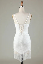 Sparkly White Lace-Up Back Beaded Short Homecoming Dress with Tassel