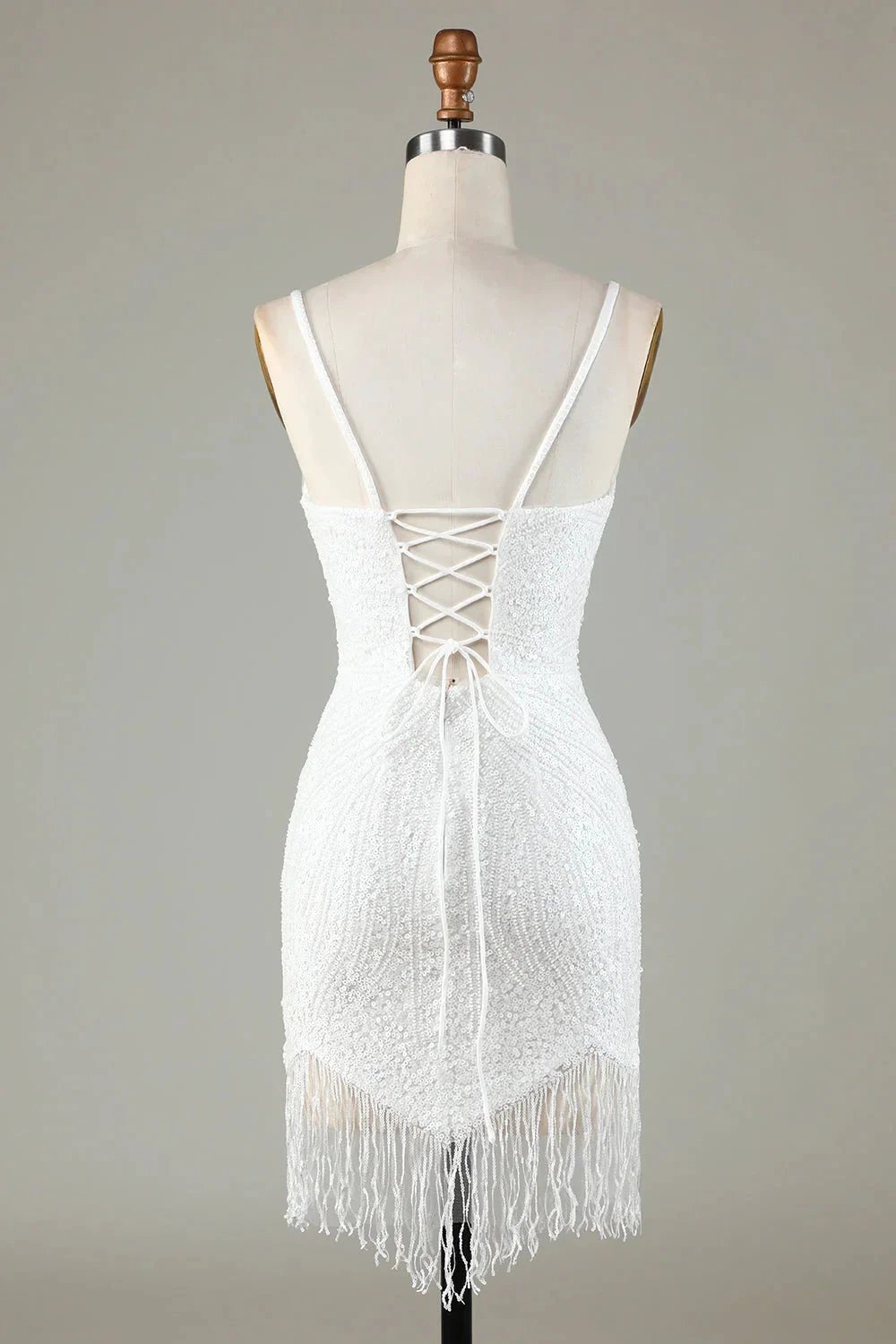 Sparkly White Lace-Up Back Beaded Short Homecoming Dress with Tassel