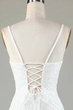 Sparkly White Lace-Up Back Beaded Short Homecoming Dress with Tassel