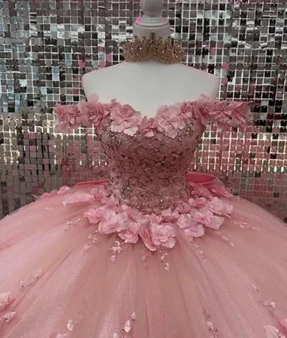 Pink Off Shoulder Ball Gown Quinceanera Dresses 3D Appliques Corset Dress Y6791