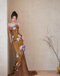 Vintage Satin Print Mermaid Evening Dress Strapless Long Prom Dress Y8545