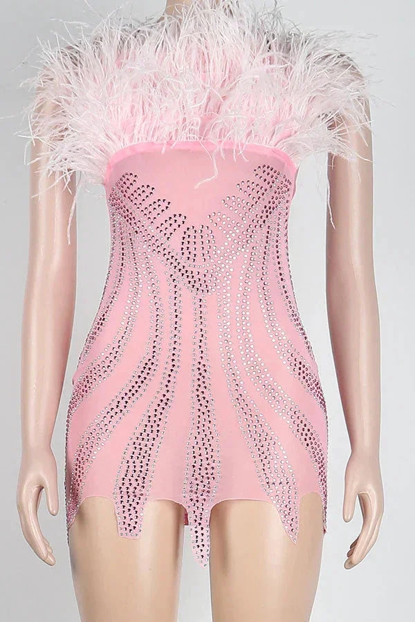 Rhinestone Girly Fluffy Mini Dress Pink Dress Short Homecoming Dress Y781