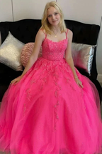 Open Back Hot Pink Tulle Lace Long Prom Dresses, Hot Pink Lace Formal Graduation Evening Dresses Y1585