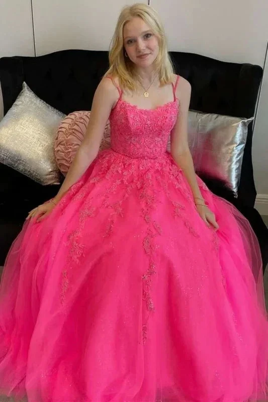 Open Back Hot Pink Tulle Lace Long Prom Dresses, Hot Pink Lace Formal Graduation Evening Dresses Y1585
