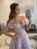 Off Shoulder Lilac Lace Long Prom Dresses Off the Shoulder Formal Dresses Lilac Evening Dresses Y5340