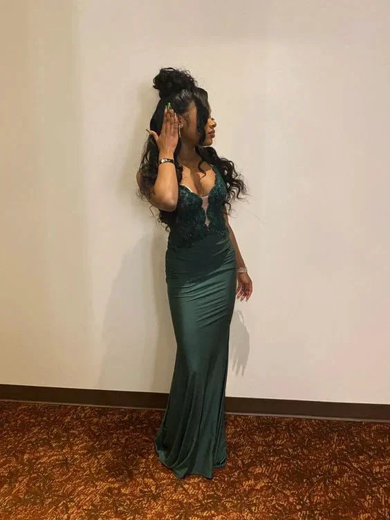 Green V Neck Mermaid Evening Dress Green Evening Gown Y6288