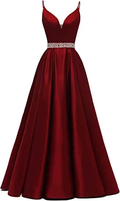A-line Spaghetti Straps V Neck Prom Dress,Burgundy Satin Evening Dress Y1272