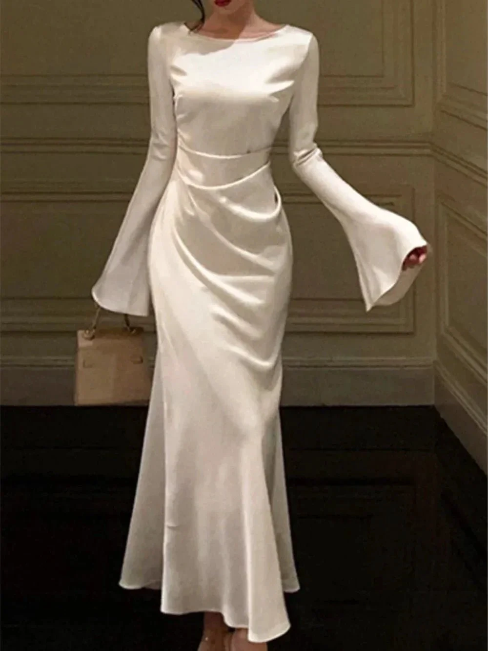 Women's O-Neck Satin Evening Dress Simple White Cocktail Dress Y6894