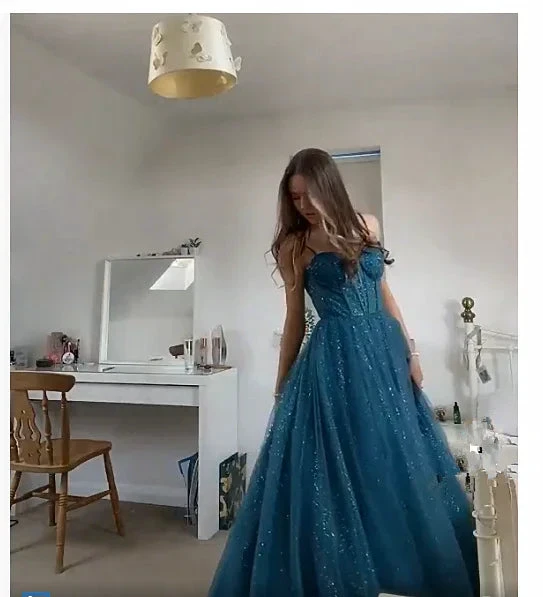 A-line Spaghetti Straps Glitter Tulle Prom Dress Chic Evening Dress Y406
