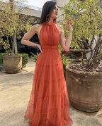 Elegant A-line Orange Sleeveless Tulle Prom Dress Orange Evening Dress Y5327