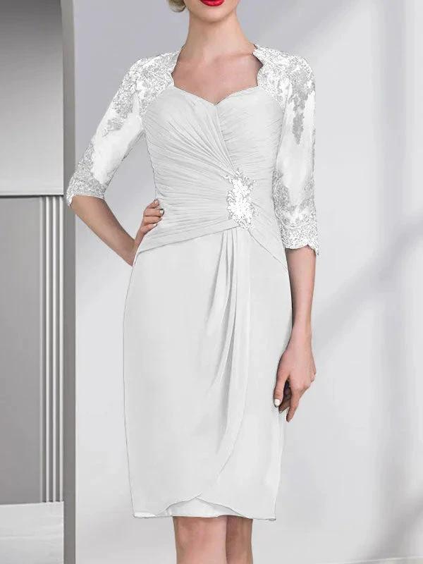 Sheath/Column Sweetheart Knee-Length Chiffon Mother of the Bride Dress With Beading Appliques Lace Sequins Pleated