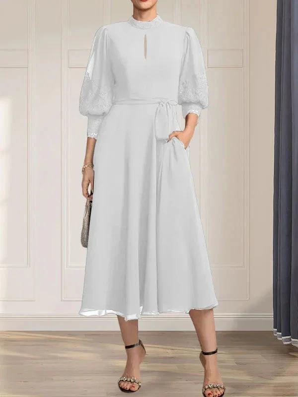 A-line High Neck Tea-Length Lace Chiffon Mother of the Bride Dress With Bow