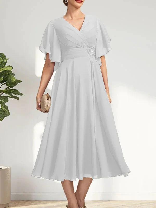 A-line V-Neck Tea-Length Chiffon Mother of the Bride Dress With Pleated Beading