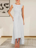 Champagne A-Line Scoop Lace Chiffon Dress