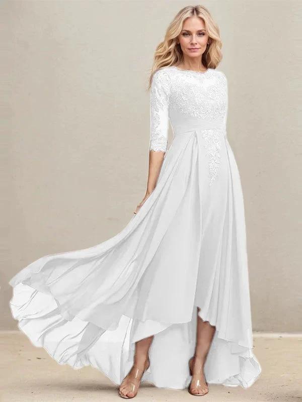 A-line Scoop Illusion Asymmetrical Lace Chiffon Mother of the Bride Dress With Pleated Sequins