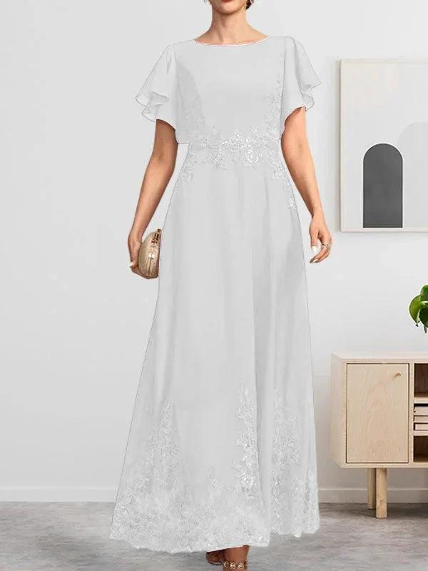 A-line Scoop Ankle-Length Lace Chiffon Mother of the Bride Dress With Sequins