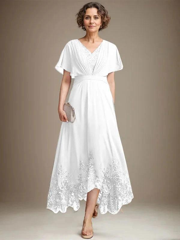 A-line V-Neck Asymmetrical Lace Chiffon Mother of the Bride Dress With Pleated